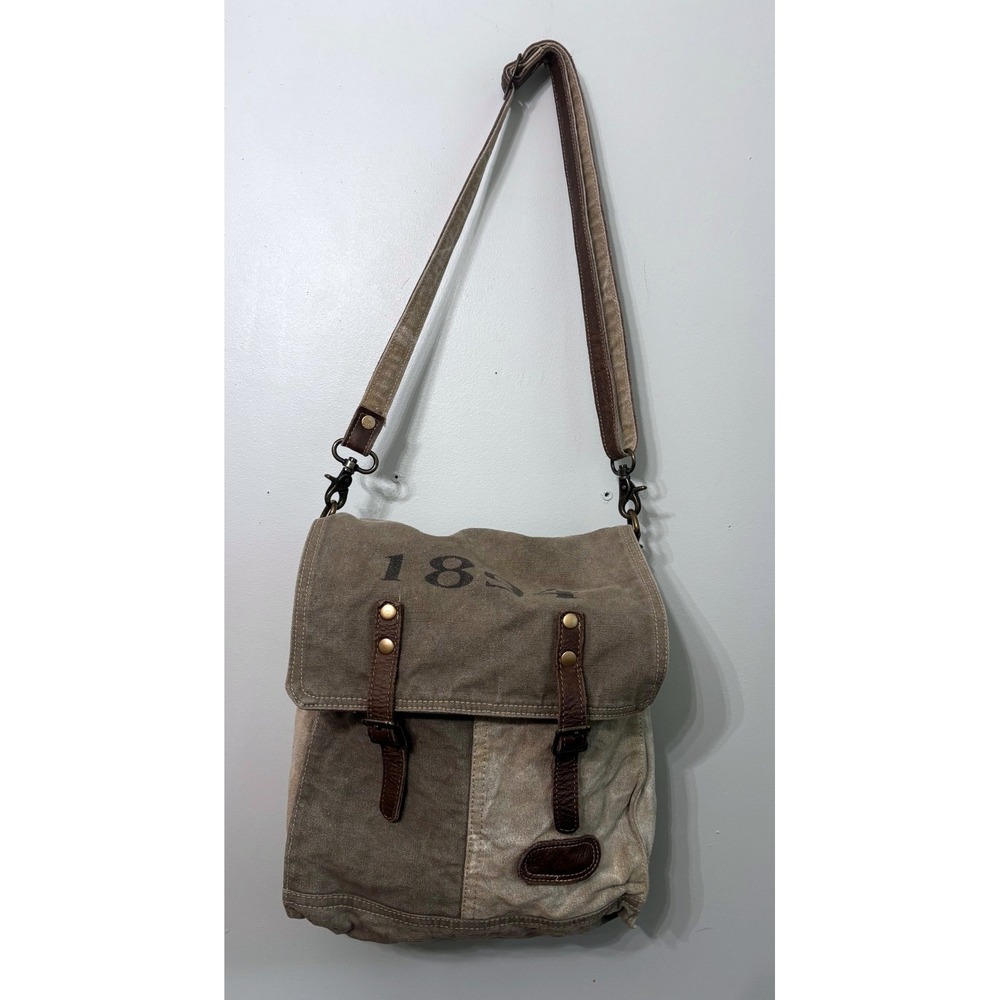 Myra Bag 1894 Upcycled Canvas Messenger Crossbody Bag Tan Brown Purse